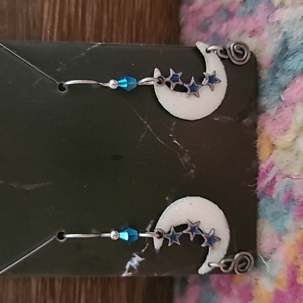 Moon and star earrings. Blue, white & silver